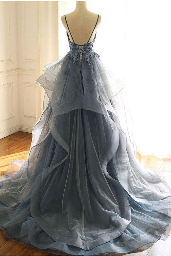 Dark Gray Tulle Prom Dress with Lace Appliques, Spaghetti Straps Sweep Train Party Dress M1057