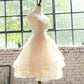 Gorgeous Off the Shouler Floral Champagne Homecoming Dress  M1015