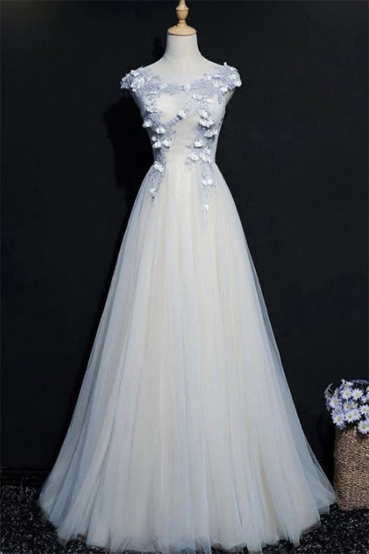 A Line Cap Sleeves Tulle Prom Dress, Floor Length Appliqued Evening Dress with Flowers M1489
