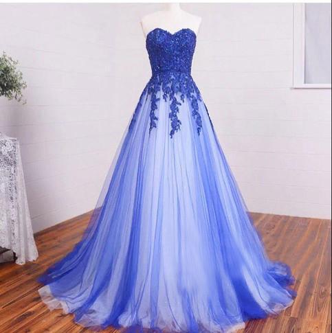 New Arrival Sweetheart Strapless Lace Appliqued Royal Blue Prom Dress,Simple Formal Dress M1277