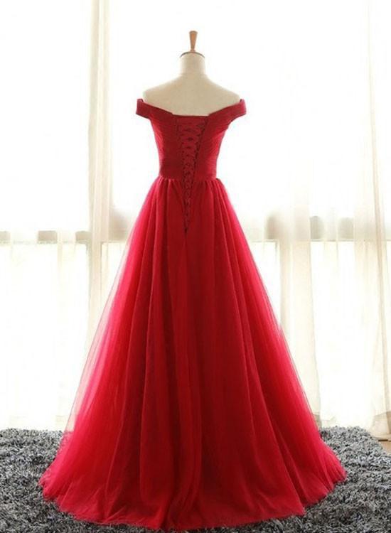 Red A line Tulle Off-shoulder Long Prom Dress,Red Evening Dress,Floor-length Prom Dress Long M1259