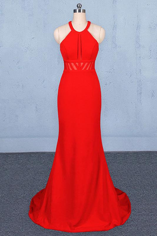 Stylish Halter Mermaid Prom Dress, Red Mermaid Open Back Long Evening Dresses M1857