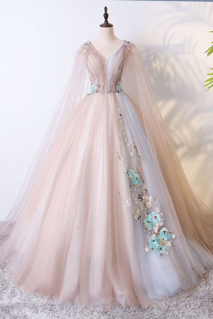 Ball Gown V Neck Tulle Prom Dress with Appliques, Unique Floor Length Quinceanera Dresses M1864