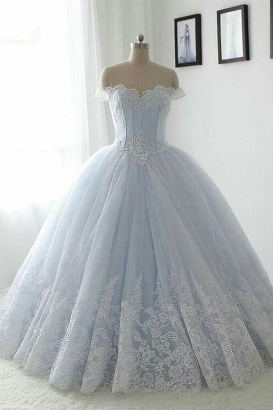 Floor Length Puffy Off the Shoulder Prom Dress with Lace, Ball Gown Quinceanera Dresses M1568