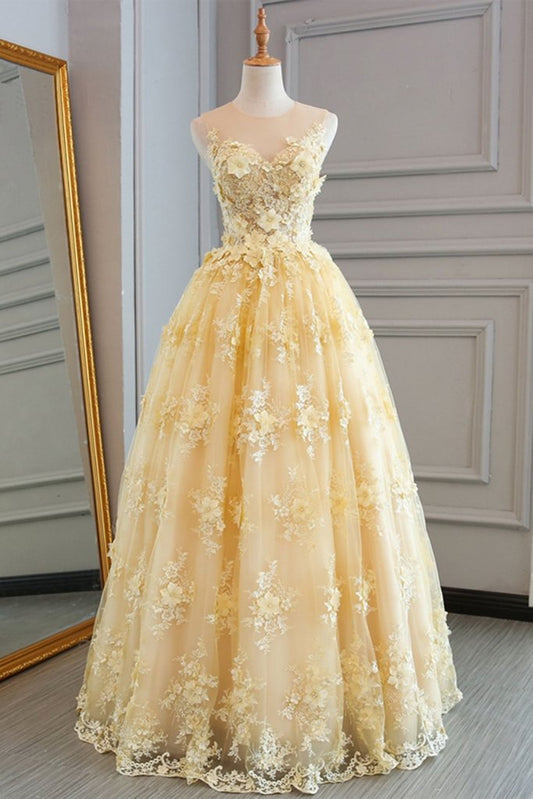 Gorgeous Yellow Lace Appliques Long Prom Dress, Yellow Lace Formal Dress, Yellow Evening Dress M2949