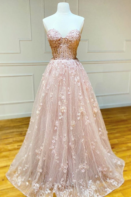 Strapless Sweetheart Neck Pink Lace Long Prom Dress, Pink Lace Formal Graduation Evening Dress M2719