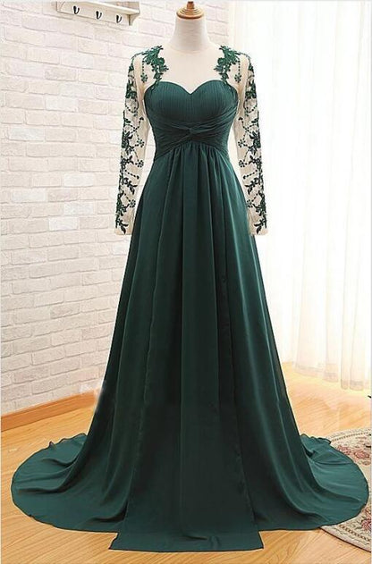 Dark Green Long Sleeves Long Evening Dress with Appliques, Long Prom Dress with Sleeves M1769