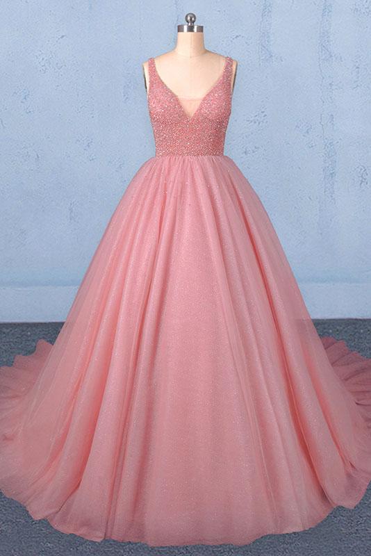 Ball Gown V Neck Tulle Prom Dress with Beads, Puffy Sleeveless Quinceanera Dresses M1850
