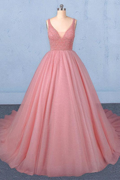 Ball Gown V Neck Tulle Prom Dress with Beads, Puffy Sleeveless Quinceanera Dresses M1850
