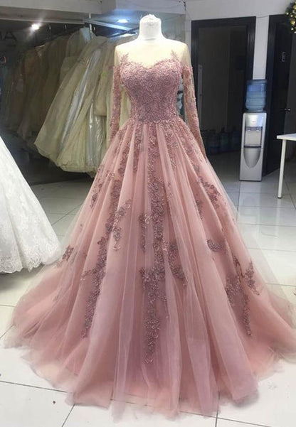 Pink tulle lace prom dress pink evening dress M796