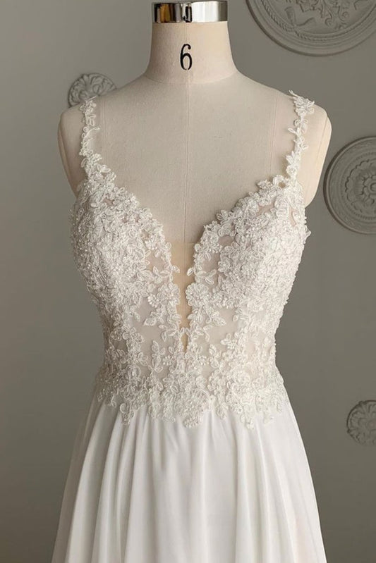 Deep V Neck White Lace Long Prom Dress, Long White Formal Dress, White Lace Evening Dress, White Bridesmaid Dress M2734
