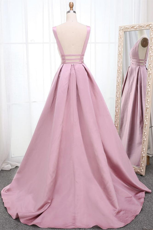 Simple V Neck Sleeveless Long Prom Dress, A Line Ruched Long Evening Dresses M1826