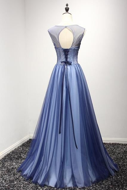 New Arrival A Line Cheap Sheer Neck Prom Dress with Rhinestones, Long Tulle Party Dress M1746