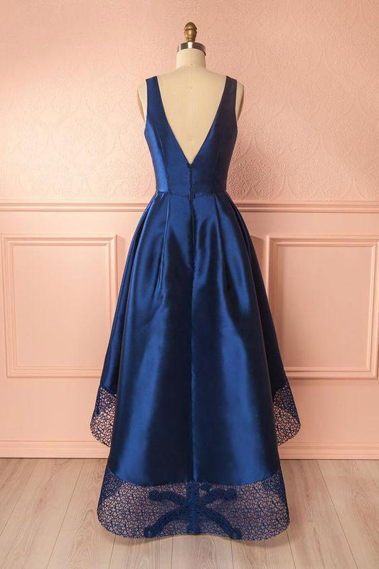 High Low Deep V Neck Sleeveless Prom Dress with Lace, Hi-lo Bridesmaid Dress M1429