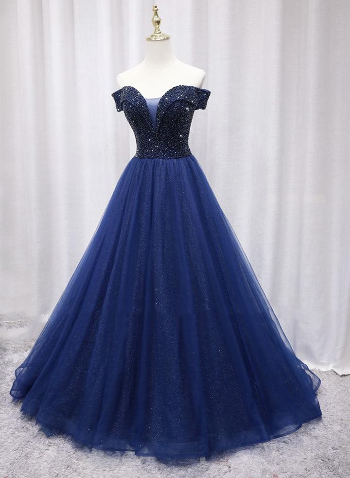 Blue tulle beaded long prom gown formal dress M2314