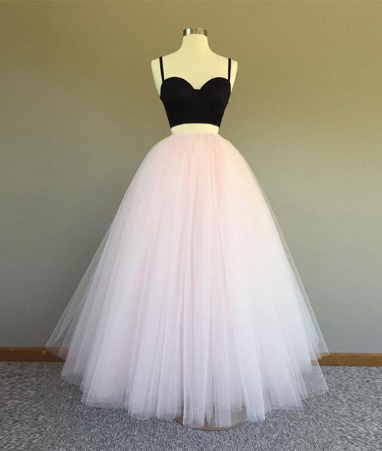 Sweetheart Neck Spaghetti Straps 2 Pieces Black Top Light Pink Long Prom Dress, Light Pink Formal Dress, Evening Dress M3267