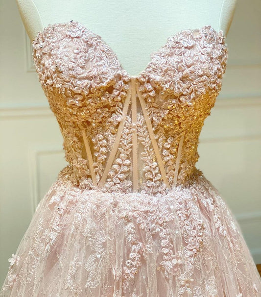 Strapless Sweetheart Neck Pink Lace Long Prom Dress, Pink Lace Formal Graduation Evening Dress M2719