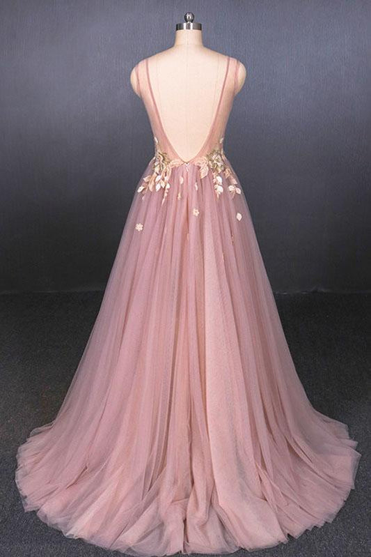 Pink V Neck Sleeveless Tulle Prom Dress with Appliques, A Line Tulle Evening Dress M1854