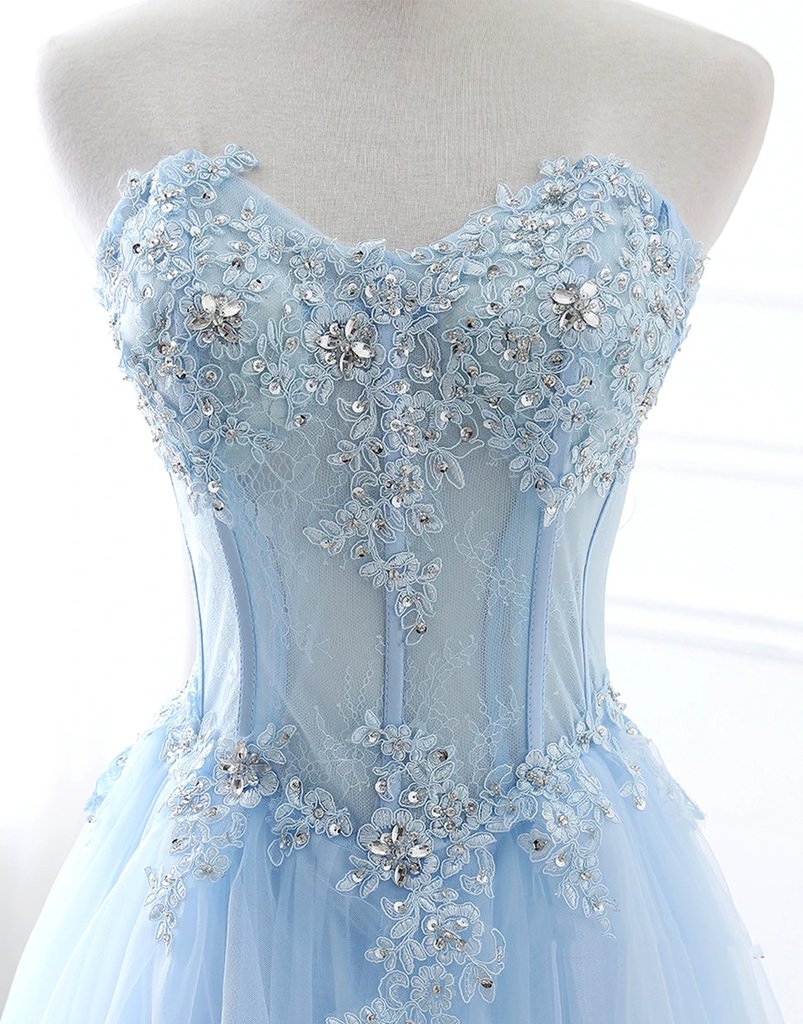 Shiny Blue Backless Prom Dresses with Thin Straps, Open Back Light Blue Formal Evening Dresses M2544