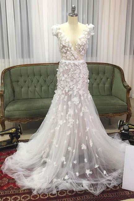 Unique Mermaid V-neck Tulle Wedding Dress with Hand-made Flowers,Tulle Prom dress M1251