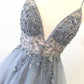 A Line V Neck Grey Beaded Long Prom Dress with Split, Grey Beaded Formal Graduation Evening Dress M2869