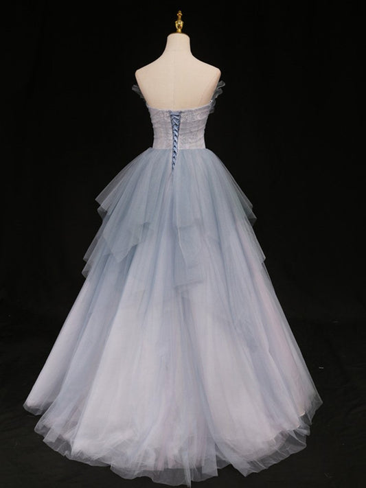 Sweetheart Neck Blue Ombre Tulle Long Prom Dresses, Blue Ombre Long Tulle Formal Evening Dresses M2576