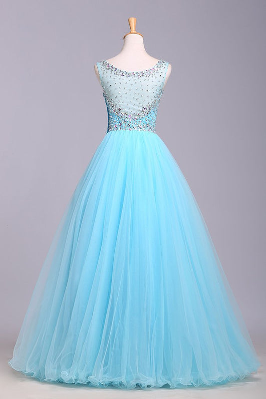 Blue Scoop Sleeveless Tulle Prom Dress with Sequins, Floor Length Puffy Evening Dress M1505