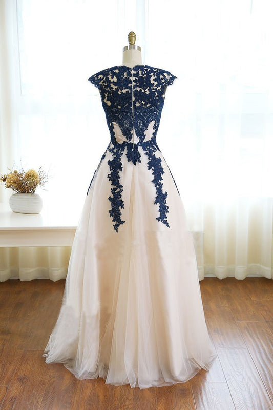 Dark Blue Appliques Ivory Tulle Prom Dress, Floor Length Elegant Evening Dresses M1447