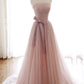 Pink tulle long A line prom dress pink evening dress M2216