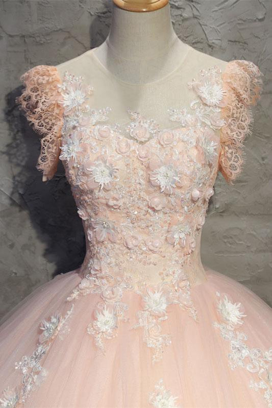 Round Neck Cap Sleeves Lace Pink Long Prom Dress, Pink Lace Formal Dress, Pink Evening Dress, Ball Gown M3109