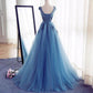 Appliques A-Line Sleeveless Ice Blue Tulle Prom Dresses Long,Evening Dresses M1042