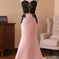 Cheap Pink Spaghetti Straps Sweetheart Long Mermaid Black Lace Prom Dress M1403