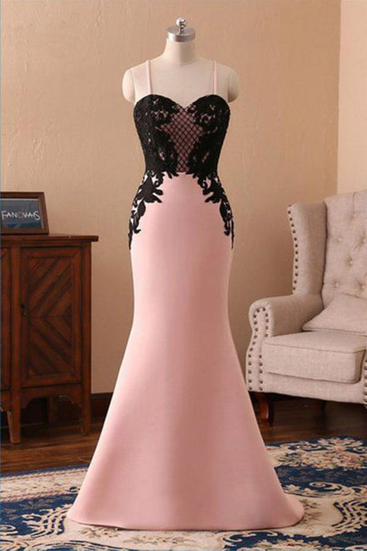 Cheap Pink Spaghetti Straps Sweetheart Long Mermaid Black Lace Prom Dress M1403