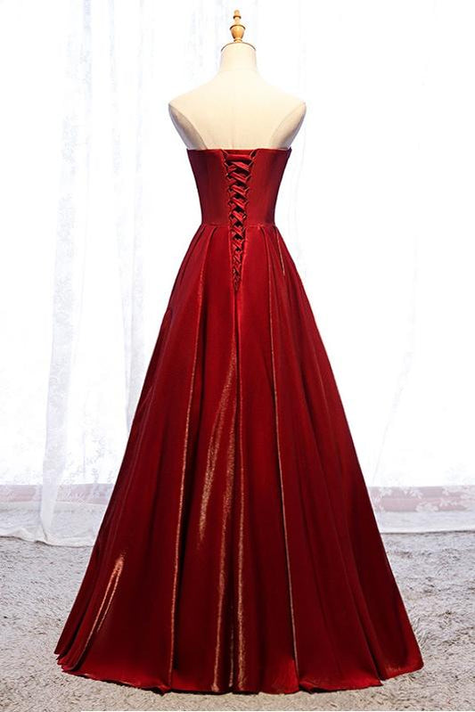 Modest Strapless Loong A-line Red Lace Up Prom Dresses Evening Dresses M1988