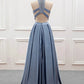2 Pieces High Neck Blue Lace Prom Dresses, Open Back Two Pieces Blue Lace Formal Evening Dresses M2571