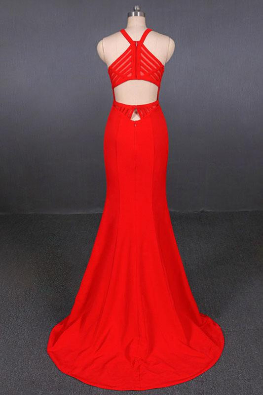 Stylish Halter Mermaid Prom Dress, Red Mermaid Open Back Long Evening Dresses M1857