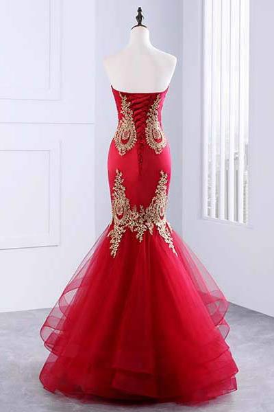 Floor Length Sweetheart Mermaid Red Prom Dress, Gold Appliqued Long Evening Dress M1525