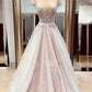 Cheap A Line Sheer Neck Cap Sleeves Prom Dress with Lace Appliques, Long Senior Dress M1646