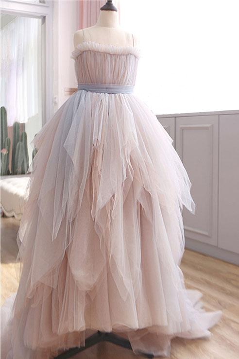 Vintage A Line Spaghetti Straps Blush Prom Dresses, Puffy Ruffles Party Dresses M1891