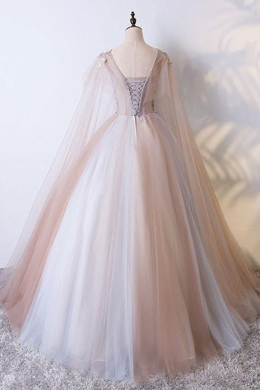 Ball Gown V Neck Tulle Prom Dress with Appliques, Unique Floor Length Quinceanera Dresses M1864