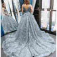 Gorgeous V-Neck Embroidery Dusty Blue Ball Gown  M1028