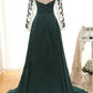Dark Green Long Sleeves Long Evening Dress with Appliques, Long Prom Dress with Sleeves M1769