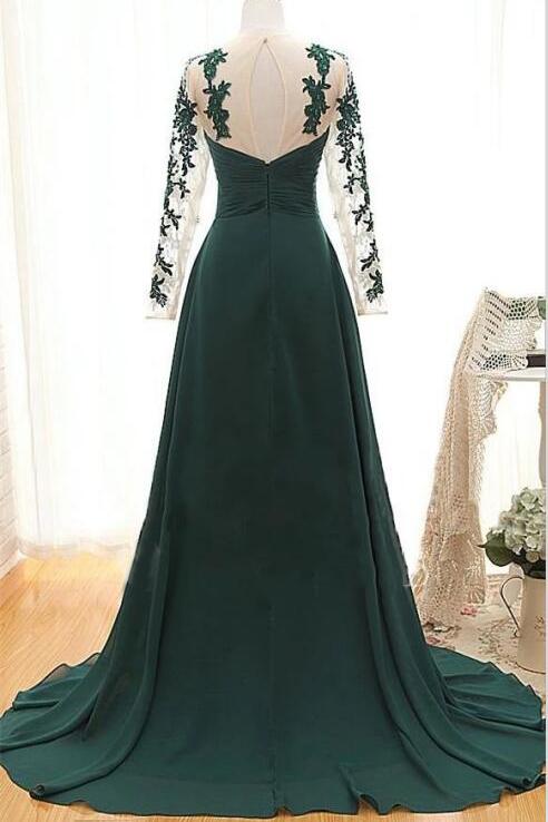 Dark Green Long Sleeves Long Evening Dress with Appliques, Long Prom Dress with Sleeves M1769