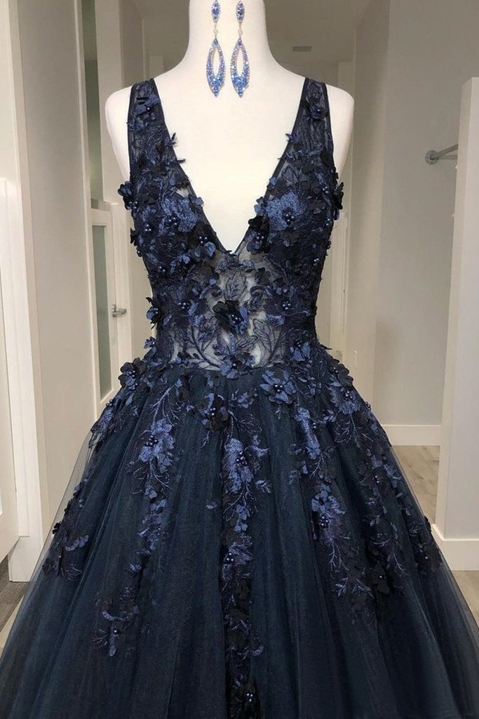 V Neck Beaded Black Lace Appliques Long Prom Dress, Black Lace Formal Graduation Evening Dress M2940