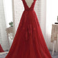 Cheap Floor Length Burgundy V Neck Evening Dress, Appliqued Long Tulle Prom Dress M1466