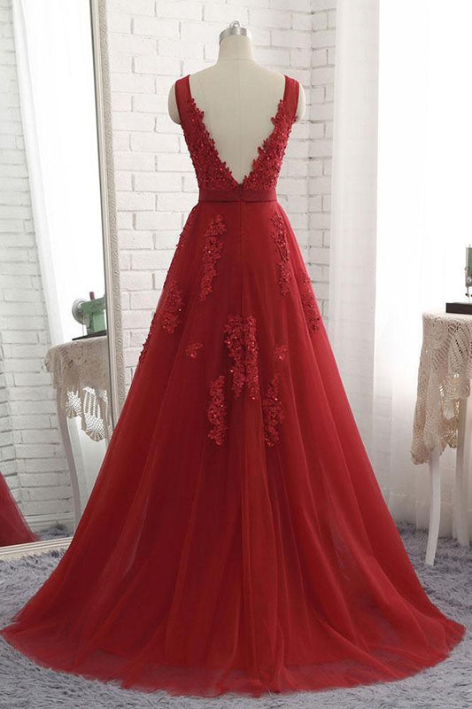 Cheap Floor Length Burgundy V Neck Evening Dress, Appliqued Long Tulle Prom Dress M1466