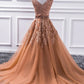 Gorgeous V Neck Champagne Lace Long Prom Dress, Champagne Lace Formal Graduation Evening Dress M2796