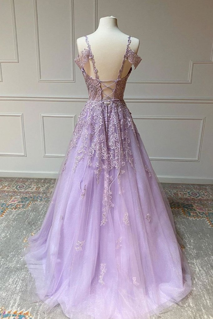 V Neck Off Shoulder Long Lilac Lace Prom Dress, Off Shoulder Purple Lace Formal Graduation Evening Dress M2912