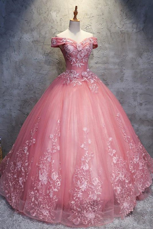 Gorgeous Off the Shoulder Pink Lace Appliques Long Prom Dress, Off Shoulder Pink Formal Dress, Pink Evening Dress, Ball Gown M2819