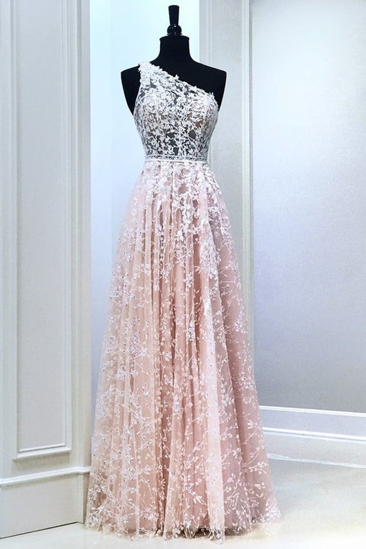 A Line One Shoulder Pink Lace Long Prom Dress, Pink Lace Formal Dress, Pink Evening Dress M2751